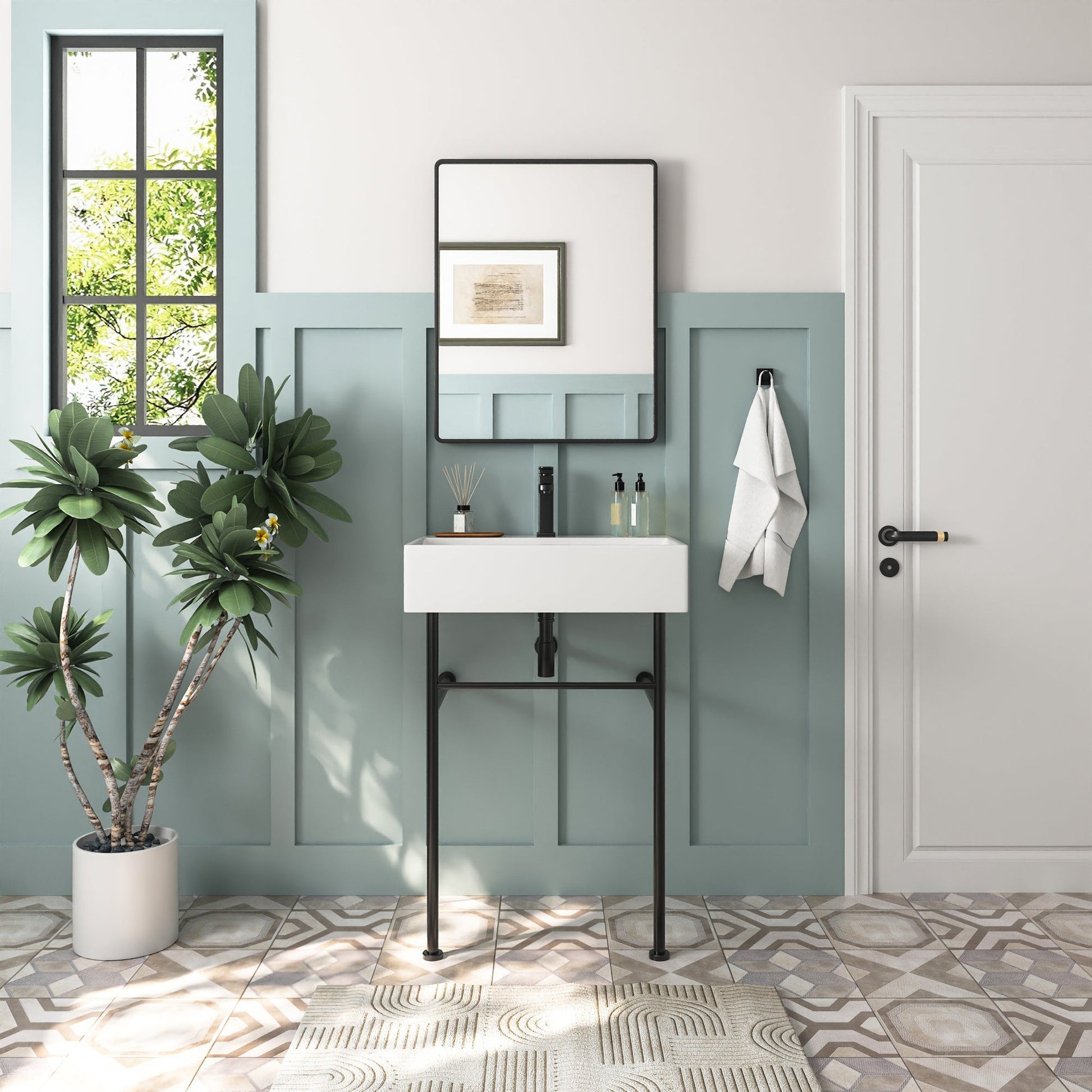 DeerValley 24" Rectangular White Ceramic Console Bathroom Sink With Black Legs and Single Faucet Hole