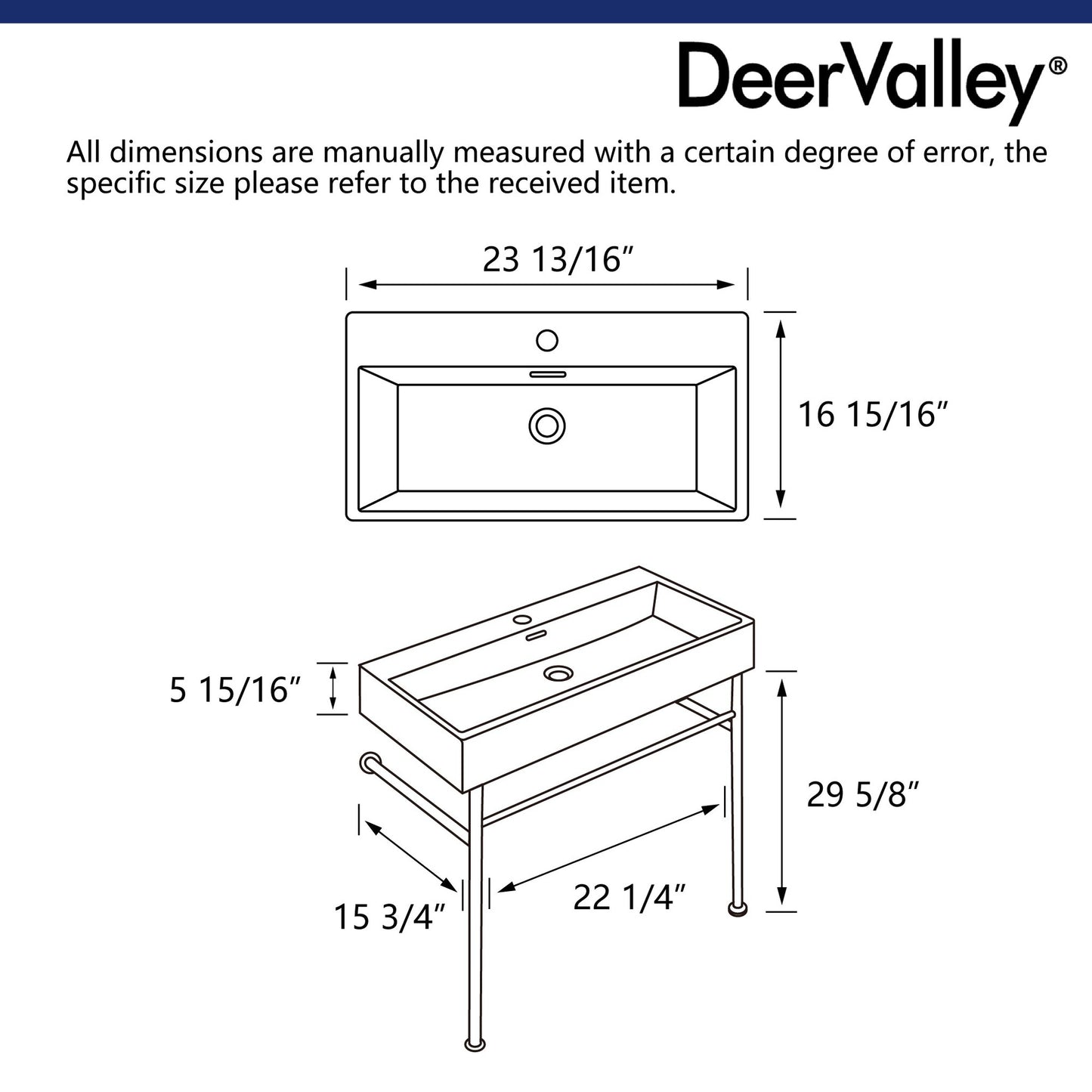 DeerValley 24" Rectangular White Ceramic Console Bathroom Sink With Black Legs and Single Faucet Hole