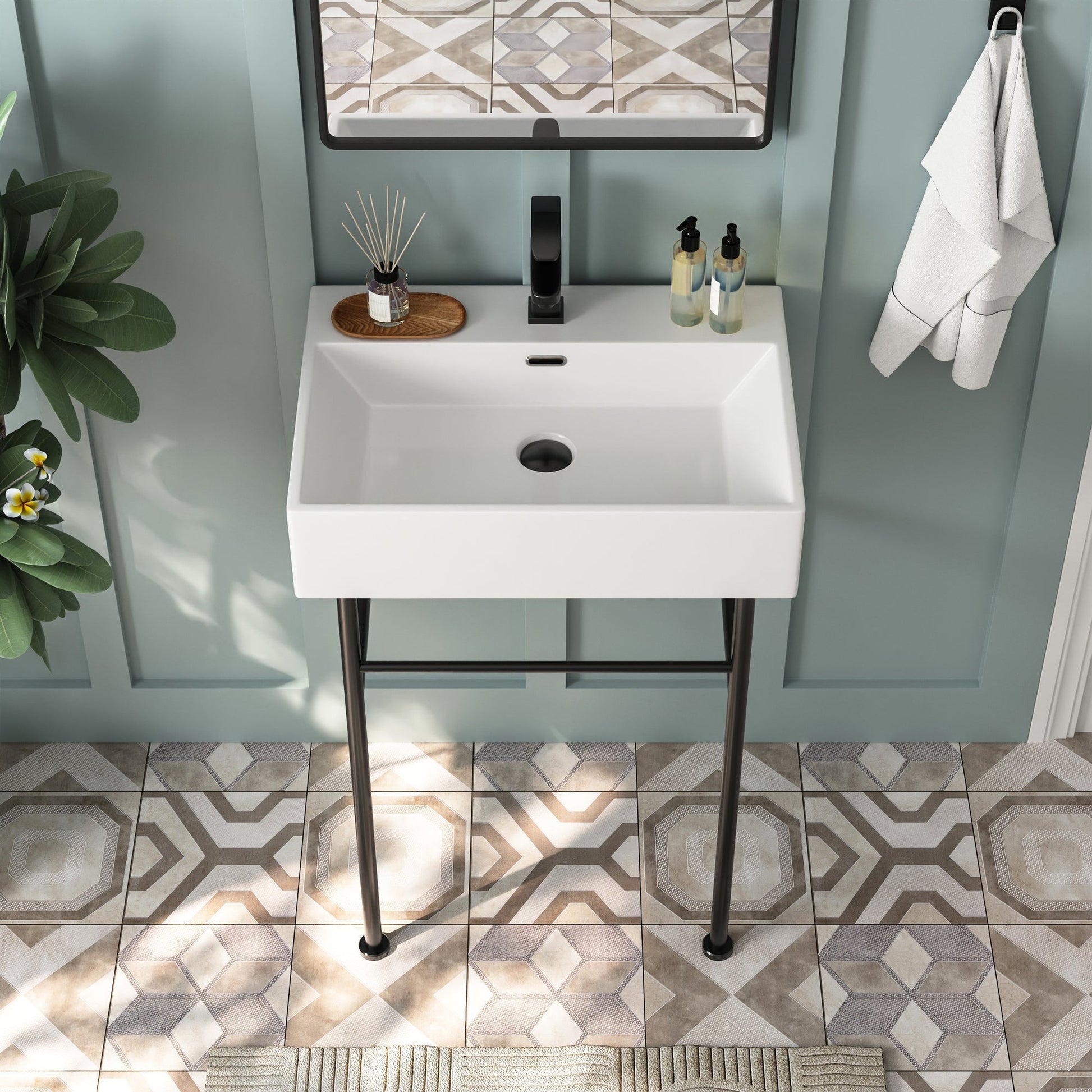 DeerValley 24" Rectangular White Ceramic Console Bathroom Sink With Black Legs and Single Faucet Hole