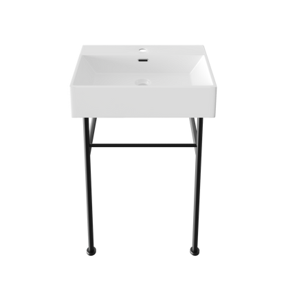 DeerValley 24" Rectangular White Ceramic Console Bathroom Sink With Black Legs and Single Faucet Hole