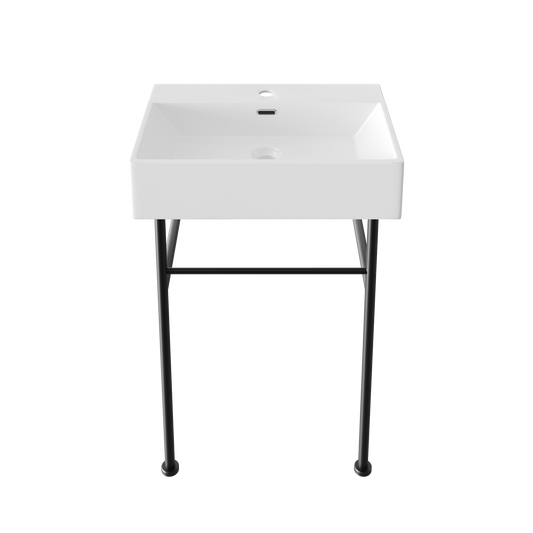 DeerValley 24" Rectangular White Ceramic Console Bathroom Sink With Black Legs and Single Faucet Hole