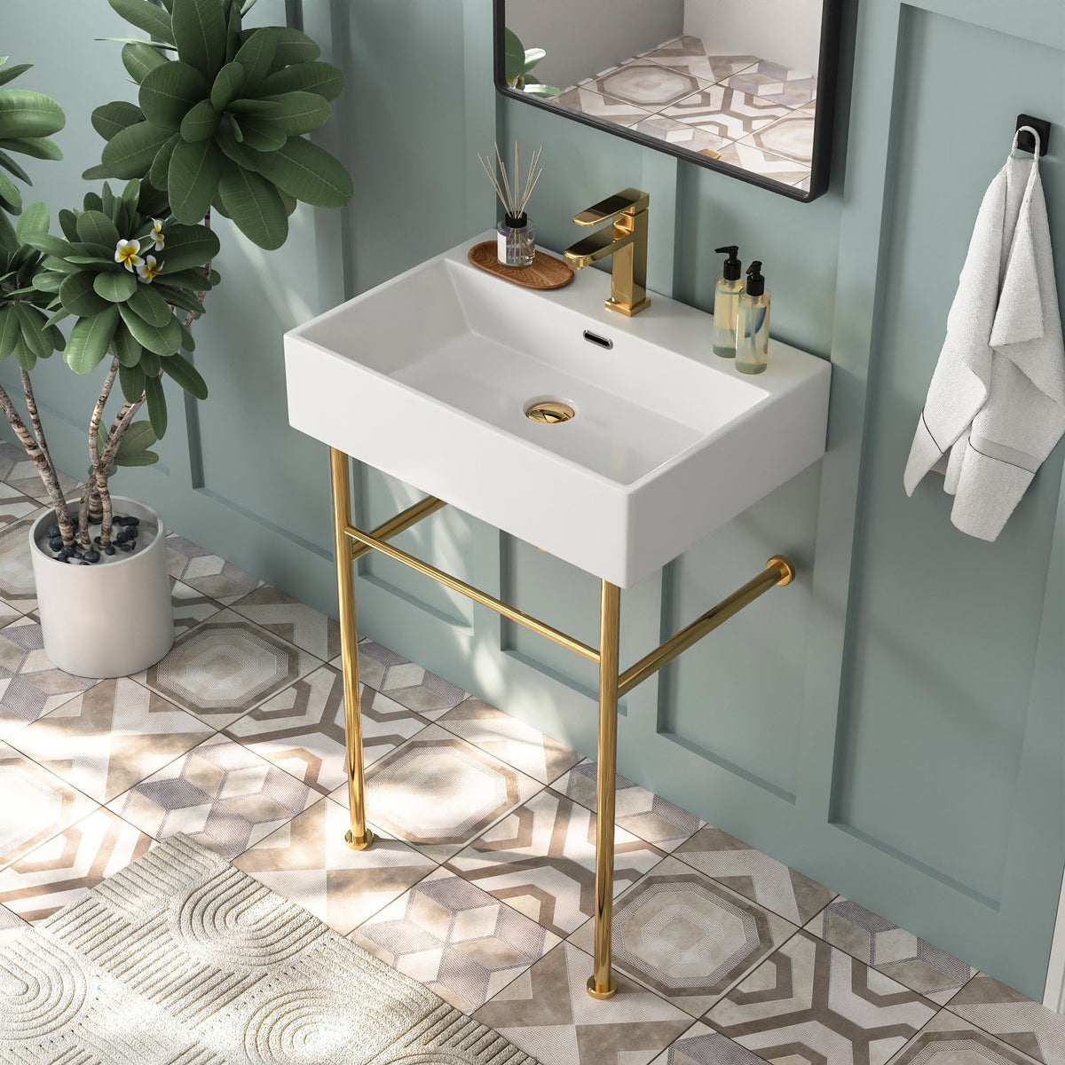 Concorde 30” Rectangle Console Sink With Brushed Gold Legs – Glossy White Ceramic, Single Faucet Hole, 5.7” Basin Depth, Modern Vintage Style