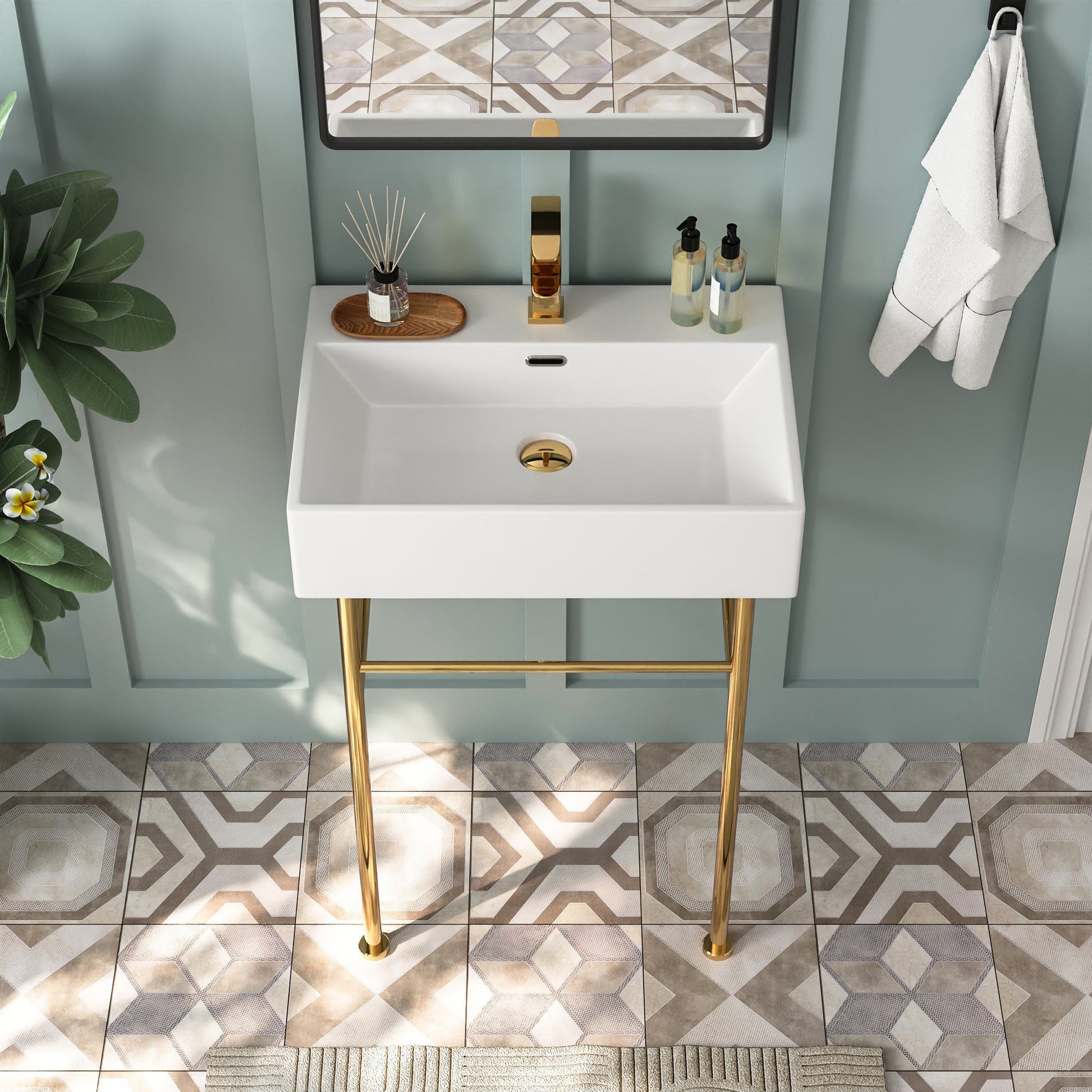 DeerValley 24" Rectangular White Ceramic Console Bathroom Sink With Gold Legs and Single Faucet Hole