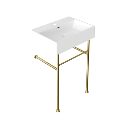 DeerValley 24" Rectangular White Ceramic Console Bathroom Sink With Gold Legs and Single Faucet Hole