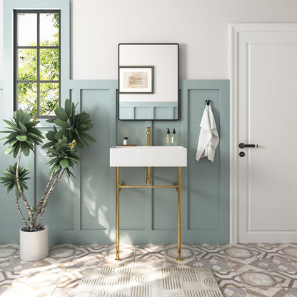 DeerValley 24" Rectangular White Ceramic Console Bathroom Sink With Gold Legs and Single Faucet Hole