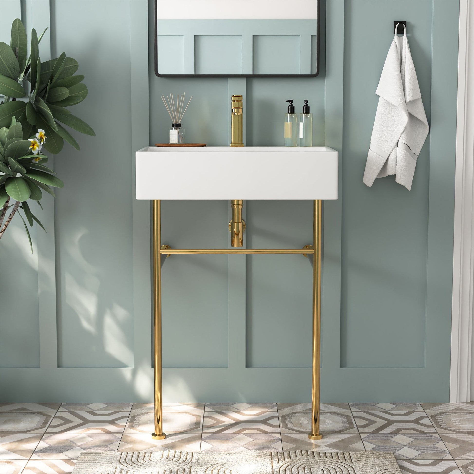 DeerValley 24" Rectangular White Ceramic Console Bathroom Sink With Gold Legs and Single Faucet Hole