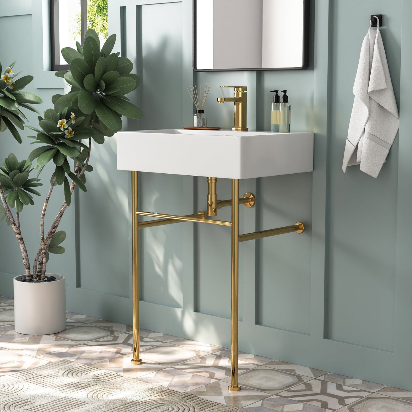 DeerValley 24" Rectangular White Ceramic Console Bathroom Sink With Gold Legs and Single Faucet Hole