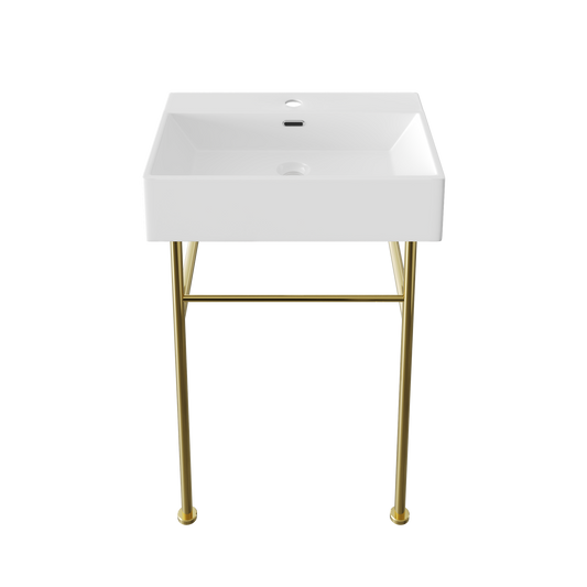 DeerValley 24" Rectangular White Ceramic Console Bathroom Sink With Gold Legs and Single Faucet Hole