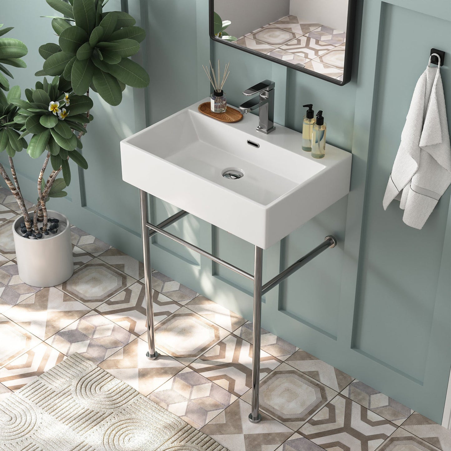 DeerValley 24" Rectangular White Ceramic Console Bathroom Sink With Silver Legs and Single Faucet Hole