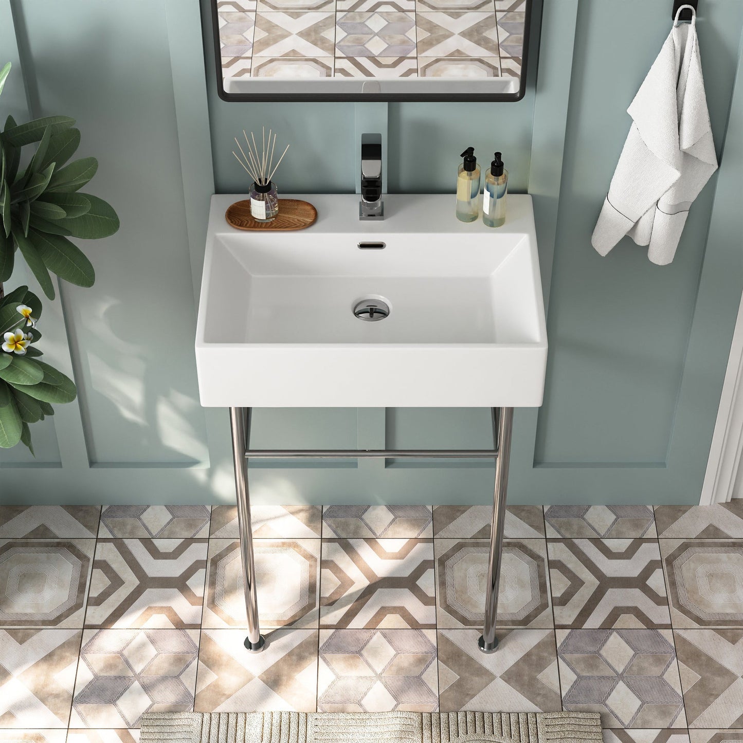 DeerValley 24" Rectangular White Ceramic Console Bathroom Sink With Silver Legs and Single Faucet Hole