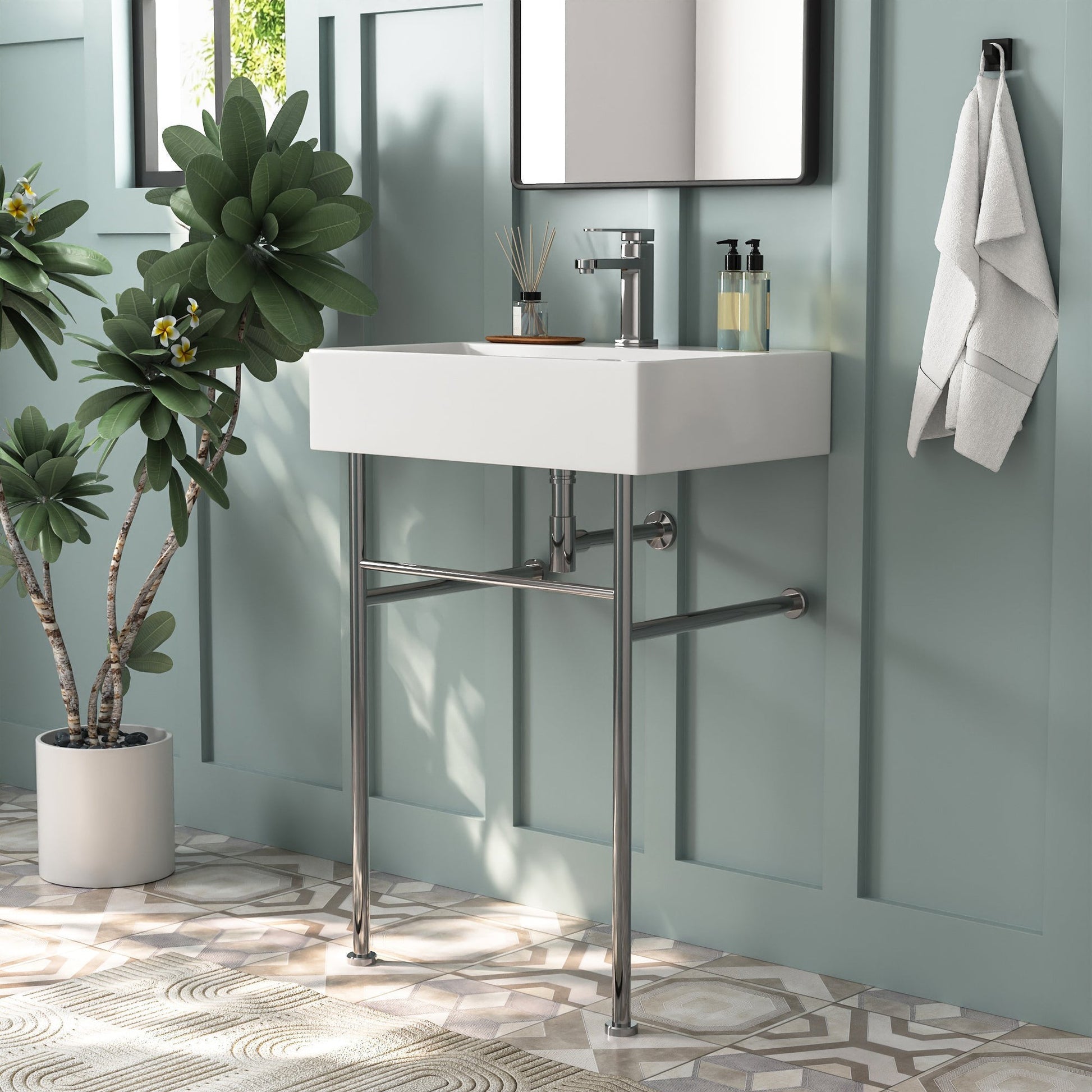 DeerValley 24" Rectangular White Ceramic Console Bathroom Sink With Silver Legs and Single Faucet Hole