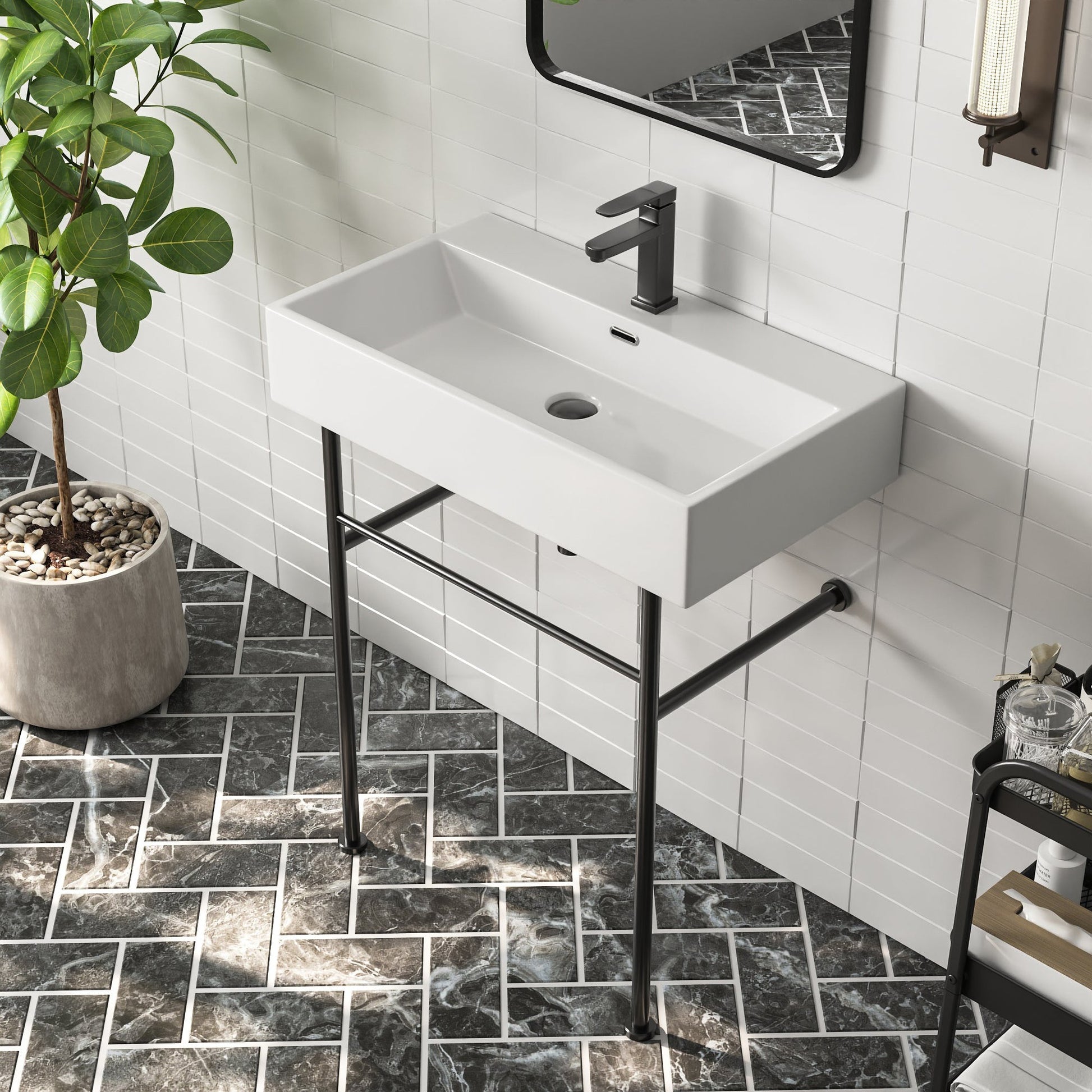 DeerValley 30" Rectangular White Ceramic Console Bathroom Sink With Black Legs and Single Faucet Hole