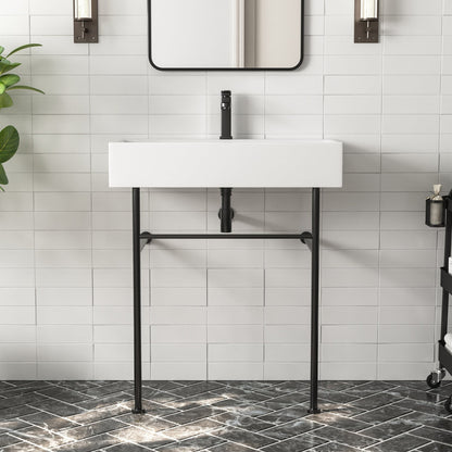 DeerValley 30" Rectangular White Ceramic Console Bathroom Sink With Black Legs and Single Faucet Hole