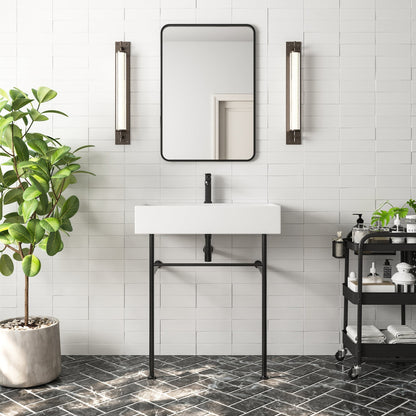 DeerValley 30" Rectangular White Ceramic Console Bathroom Sink With Black Legs and Single Faucet Hole