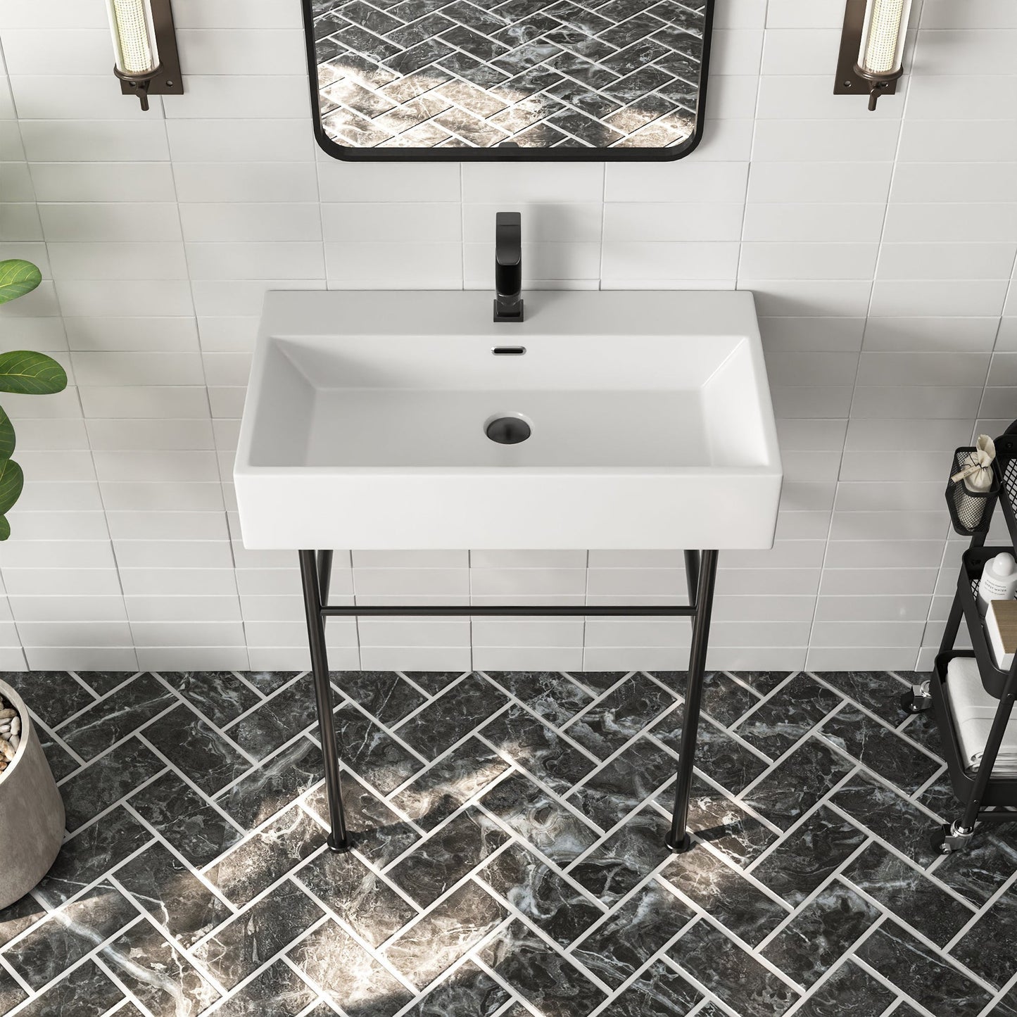 DeerValley 30" Rectangular White Ceramic Console Bathroom Sink With Black Legs and Single Faucet Hole