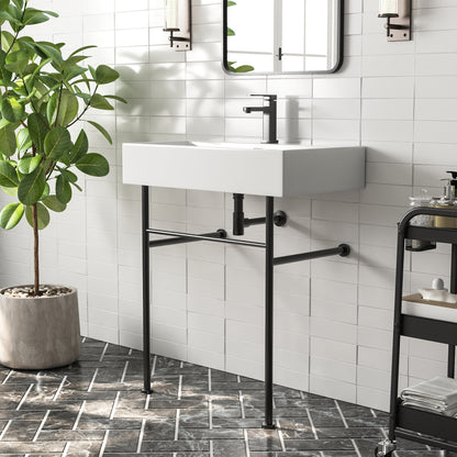 DeerValley 30" Rectangular White Ceramic Console Bathroom Sink With Black Legs and Single Faucet Hole