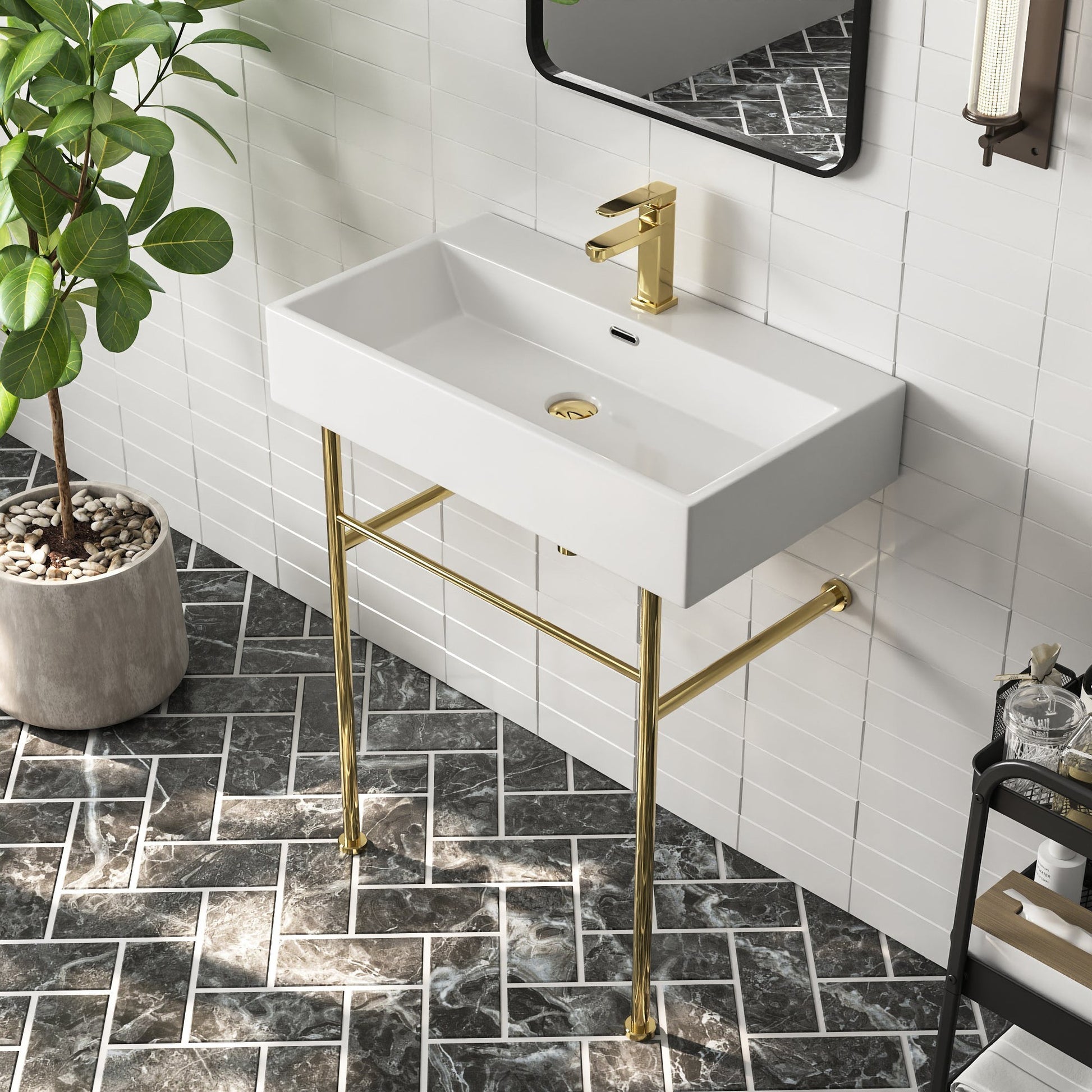 DeerValley 30" Rectangular White Ceramic Console Bathroom Sink With Gold Legs and Single Faucet Hole