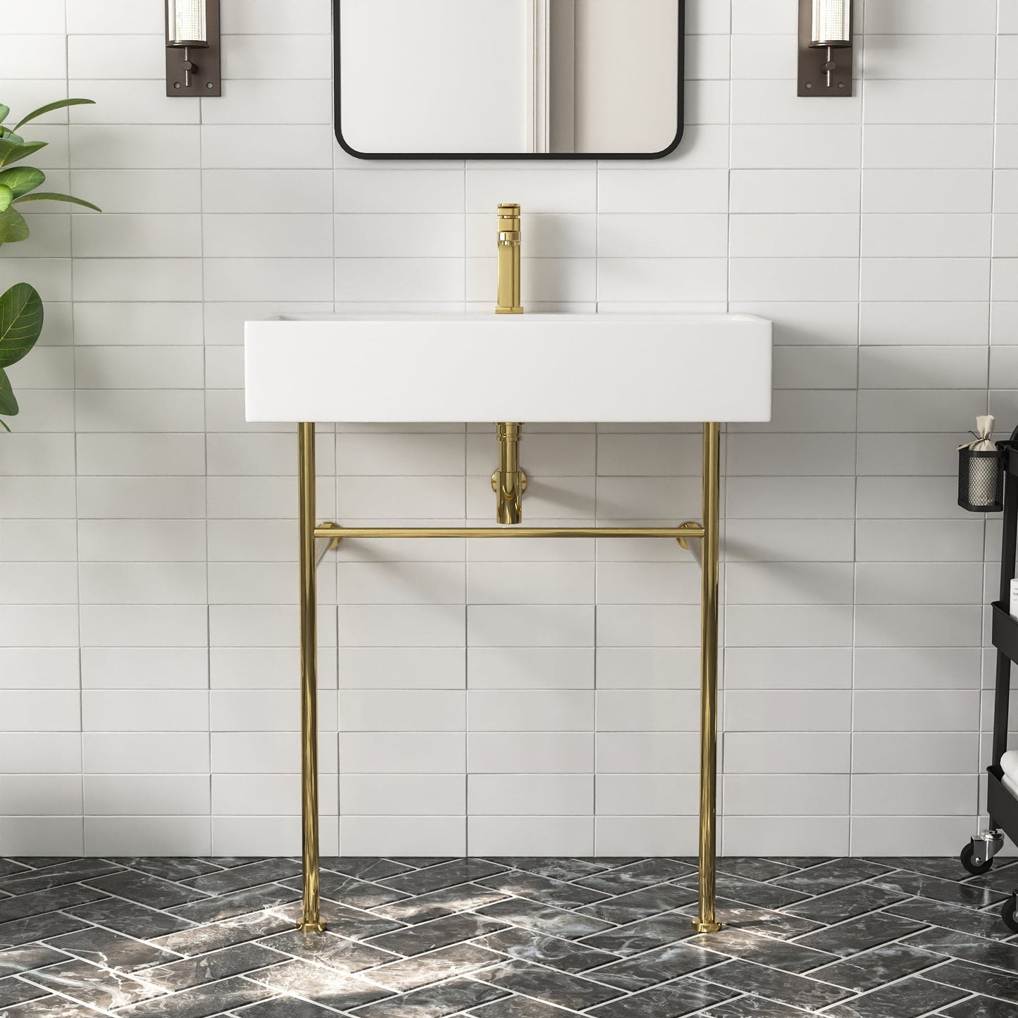 DeerValley 30" Rectangular White Ceramic Console Bathroom Sink With Gold Legs and Single Faucet Hole