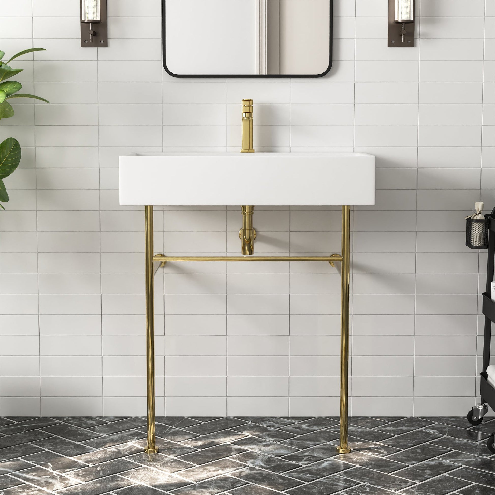 DeerValley 30" Rectangular White Ceramic Console Bathroom Sink With Gold Legs and Single Faucet Hole