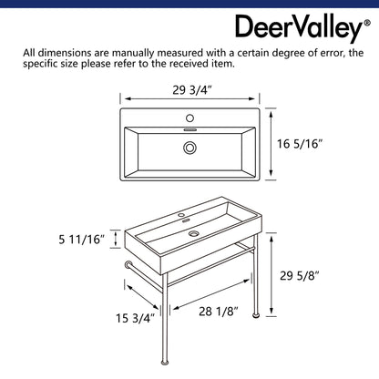 DeerValley 30" Rectangular White Ceramic Console Bathroom Sink With Gold Legs and Single Faucet Hole