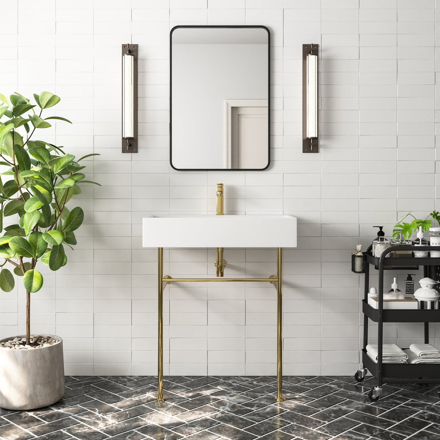 DeerValley 30" Rectangular White Ceramic Console Bathroom Sink With Gold Legs and Single Faucet Hole