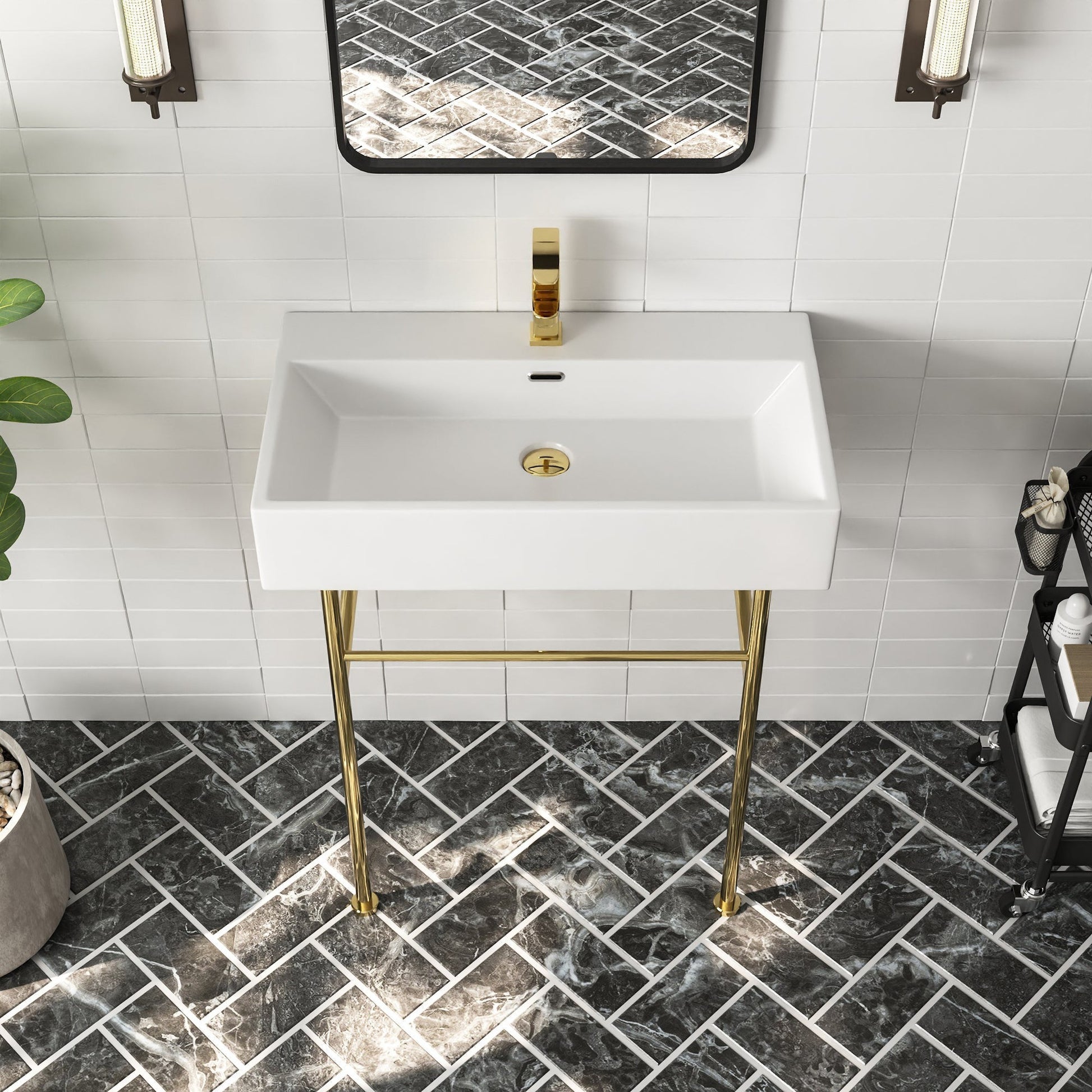 DeerValley 30" Rectangular White Ceramic Console Bathroom Sink With Gold Legs and Single Faucet Hole