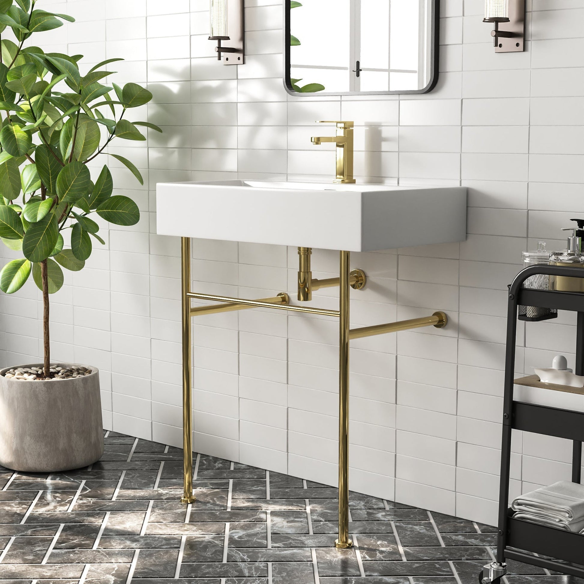 DeerValley 30" Rectangular White Ceramic Console Bathroom Sink With Gold Legs and Single Faucet Hole