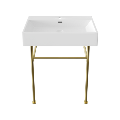 DeerValley 30" Rectangular White Ceramic Console Bathroom Sink With Gold Legs and Single Faucet Hole