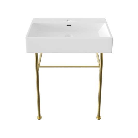 DeerValley 30" Rectangular White Ceramic Console Bathroom Sink With Gold Legs and Single Faucet Hole