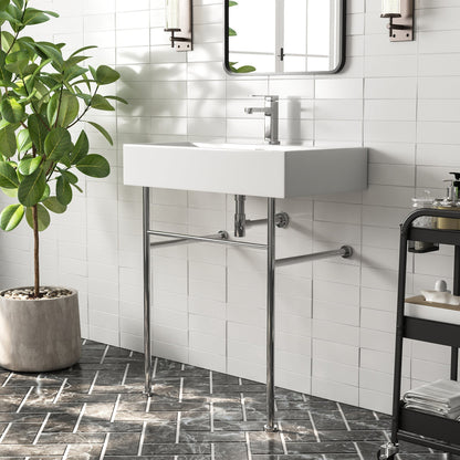 DeerValley 30" Rectangular White Ceramic Console Bathroom Sink With Silver Legs and Single Faucet Hole