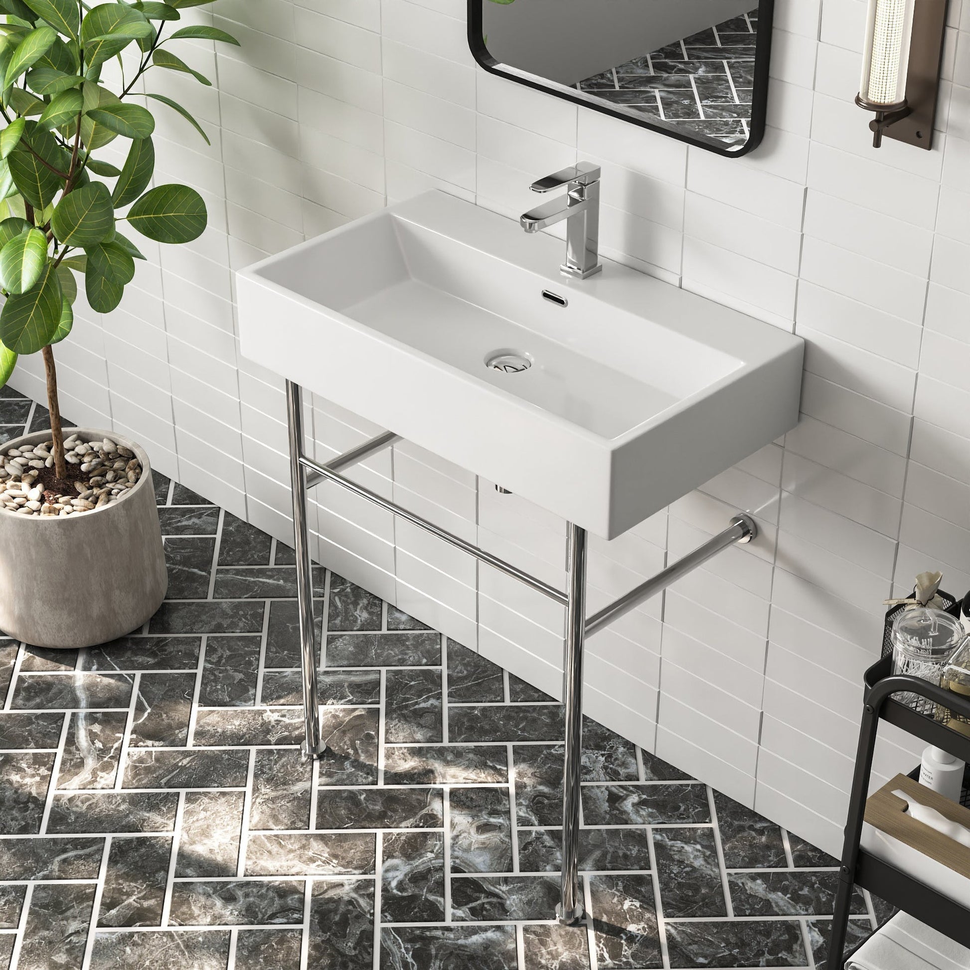 DeerValley 30" Rectangular White Ceramic Console Bathroom Sink With Silver Legs and Single Faucet Hole