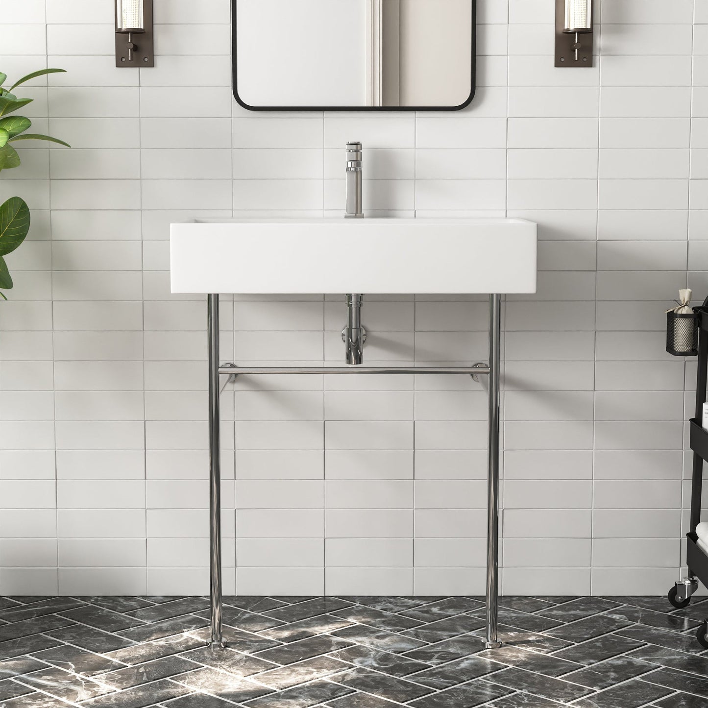 DeerValley 30" Rectangular White Ceramic Console Bathroom Sink With Silver Legs and Single Faucet Hole