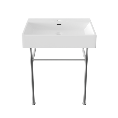 DeerValley 30" Rectangular White Ceramic Console Bathroom Sink With Silver Legs and Single Faucet Hole