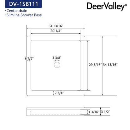 DeerValley 35" x 35" Square White Non-slip Design Shower Base