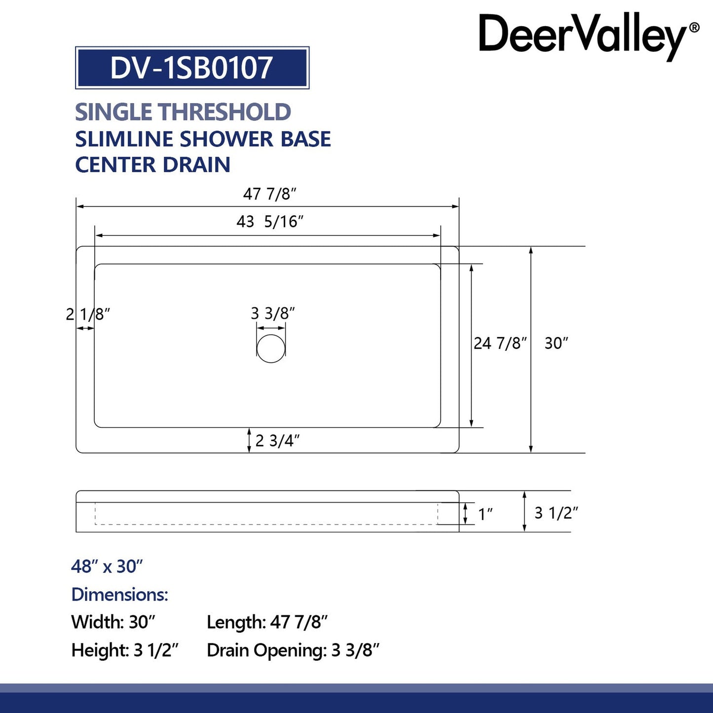 DeerValley 48" x 30" Rectangular White Non-slip Textured Design Shower Base