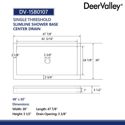 DeerValley 48" x 30" Rectangular White Non-slip Textured Design Shower Base