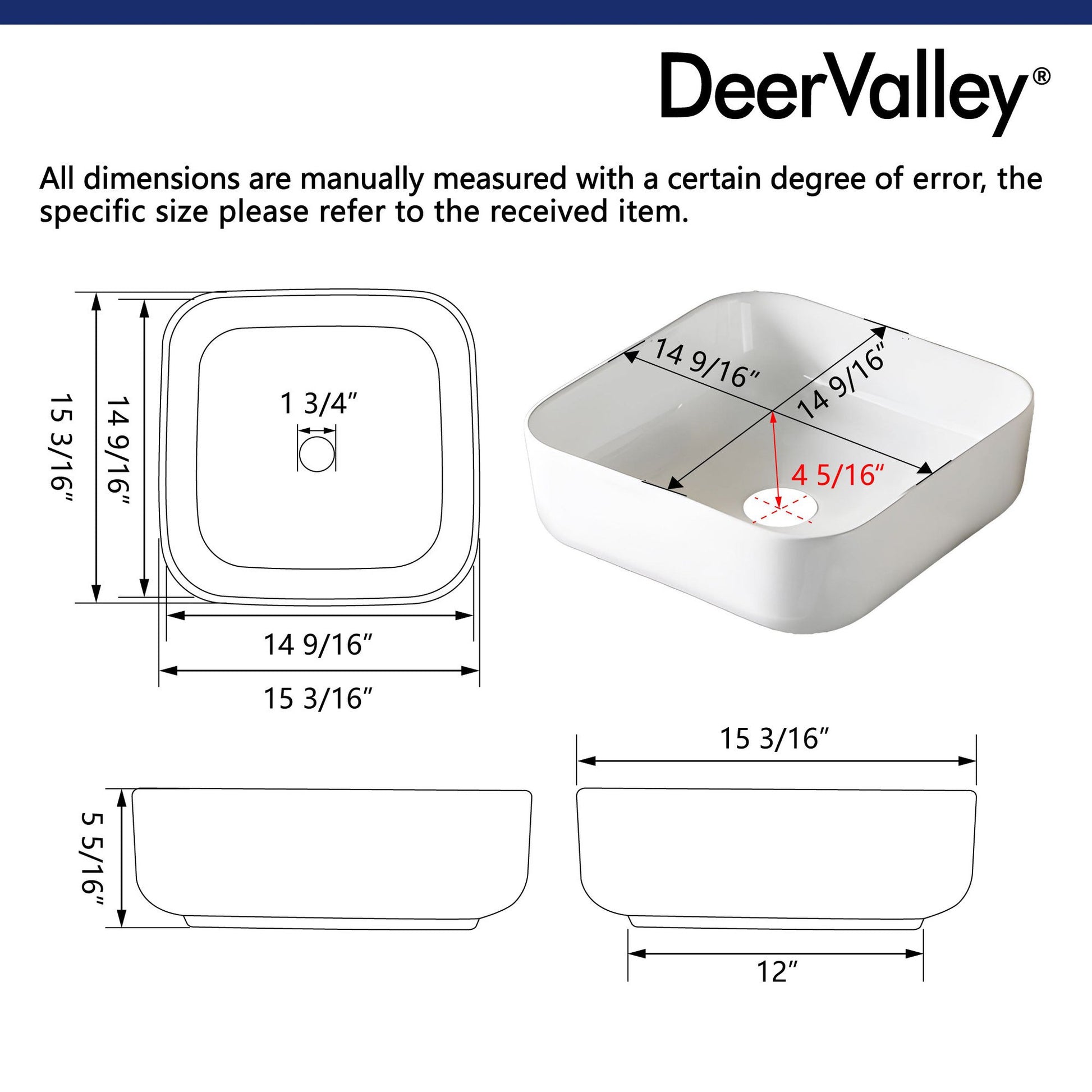 DeerValley Ace 15" Square White Vessel Bathroom Sink