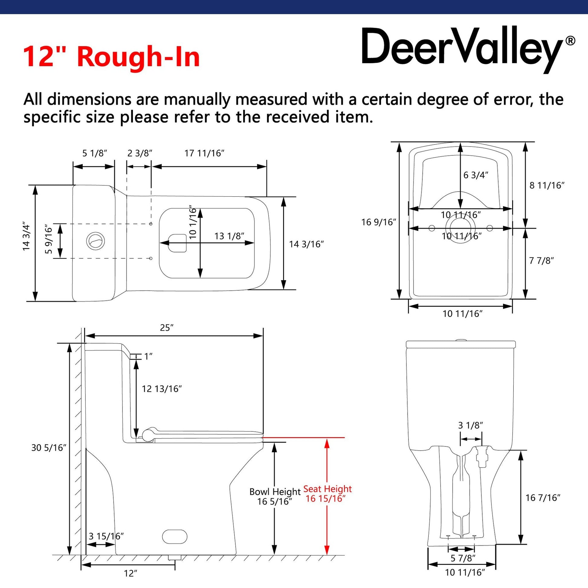 DeerValley Ace 30" Dual-Flush Rectangular White One-Piece Toilet With Soft Closing Seat