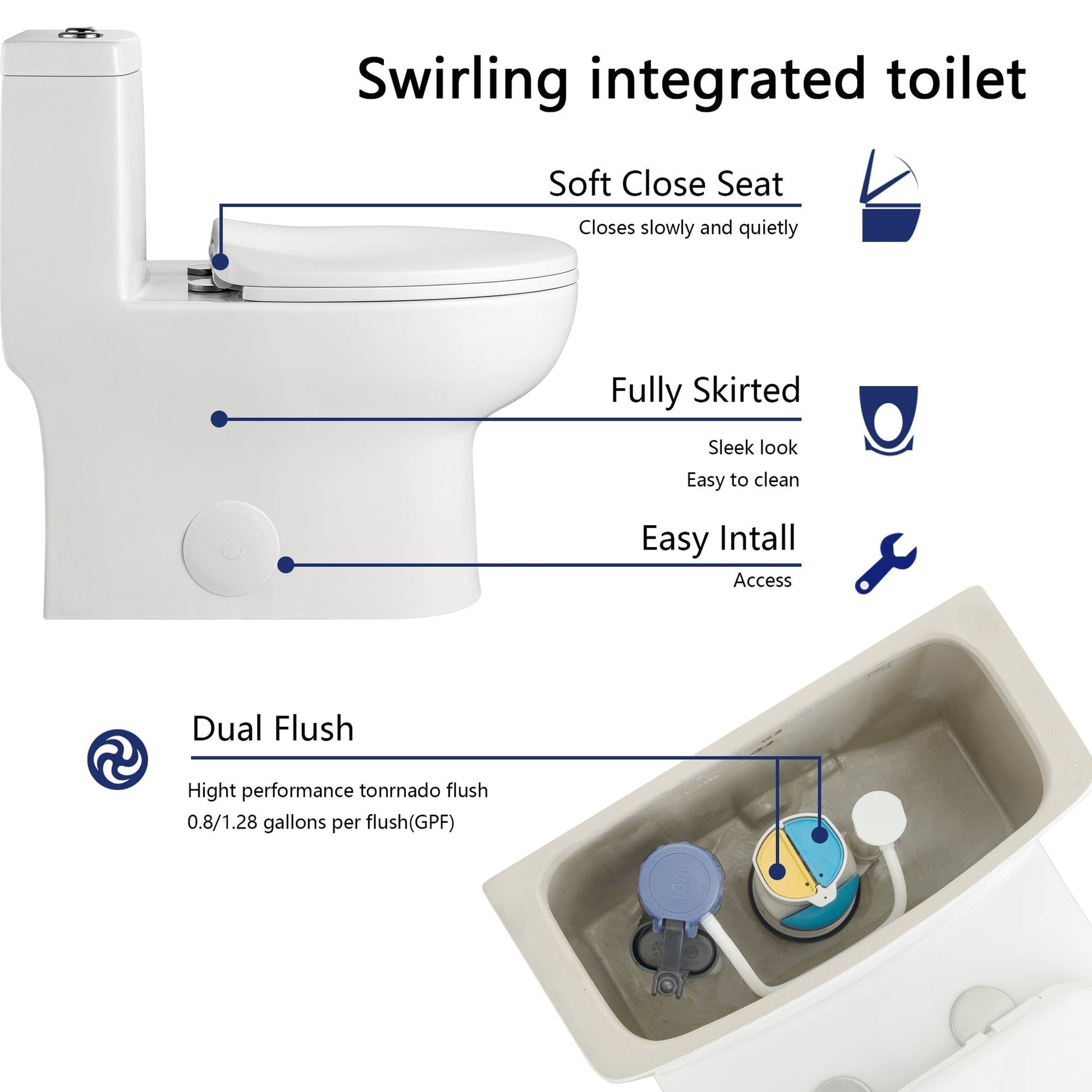 DeerValley Ally 14" x 28" 12" Rough-in Dual-Flush Elongated White Ceramic One-Piece Toilet With Silver Flush Button