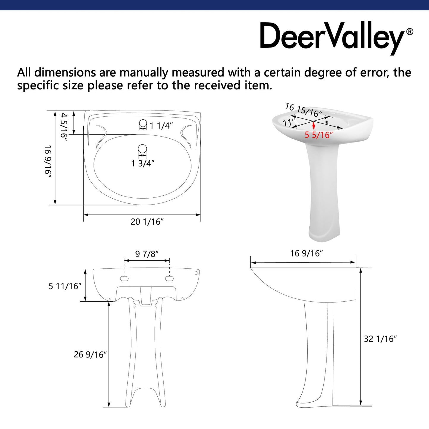 DeerValley Ally 20" x 17" U-Shape White Pedestal Bathroom Sink With Single Faucet Holes and Overflow Hole