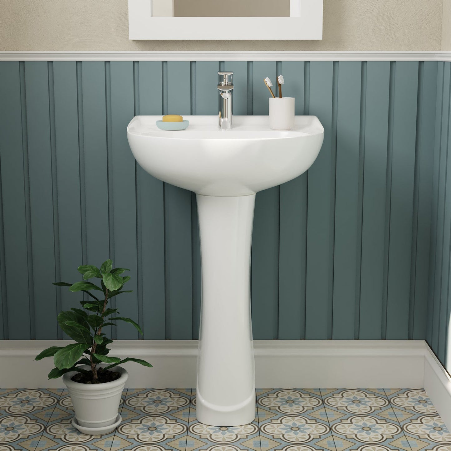DeerValley Ally 20" x 17" U-Shape White Pedestal Bathroom Sink With Single Faucet Holes and Overflow Hole