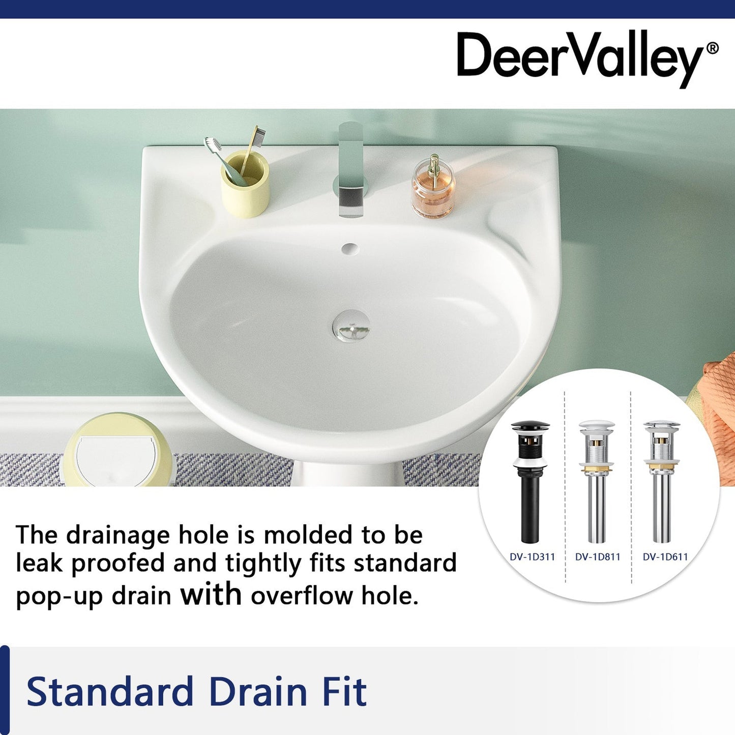 DeerValley Ally 20" x 17" U-Shape White Pedestal Bathroom Sink With Single Faucet Holes and Overflow Hole