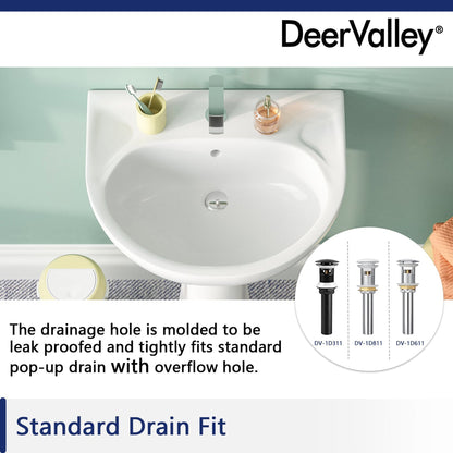 DeerValley Ally 20" x 17" U-Shape White Pedestal Bathroom Sink With Single Faucet Holes and Overflow Hole