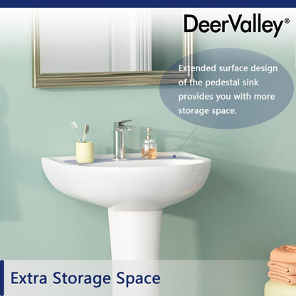 DeerValley Ally 20" x 17" U-Shape White Pedestal Bathroom Sink With Single Faucet Holes and Overflow Hole