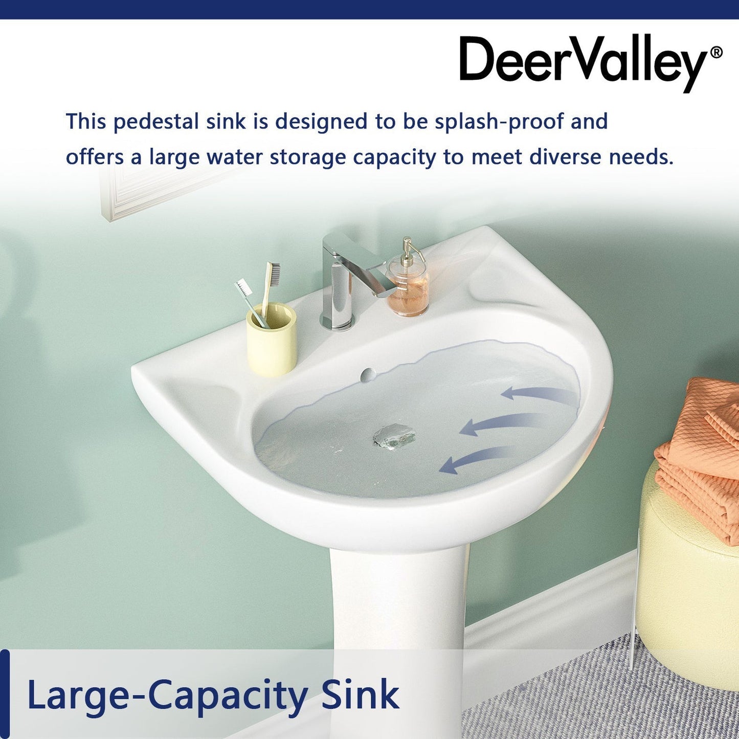 DeerValley Ally 20" x 17" U-Shape White Pedestal Bathroom Sink With Single Faucet Holes and Overflow Hole