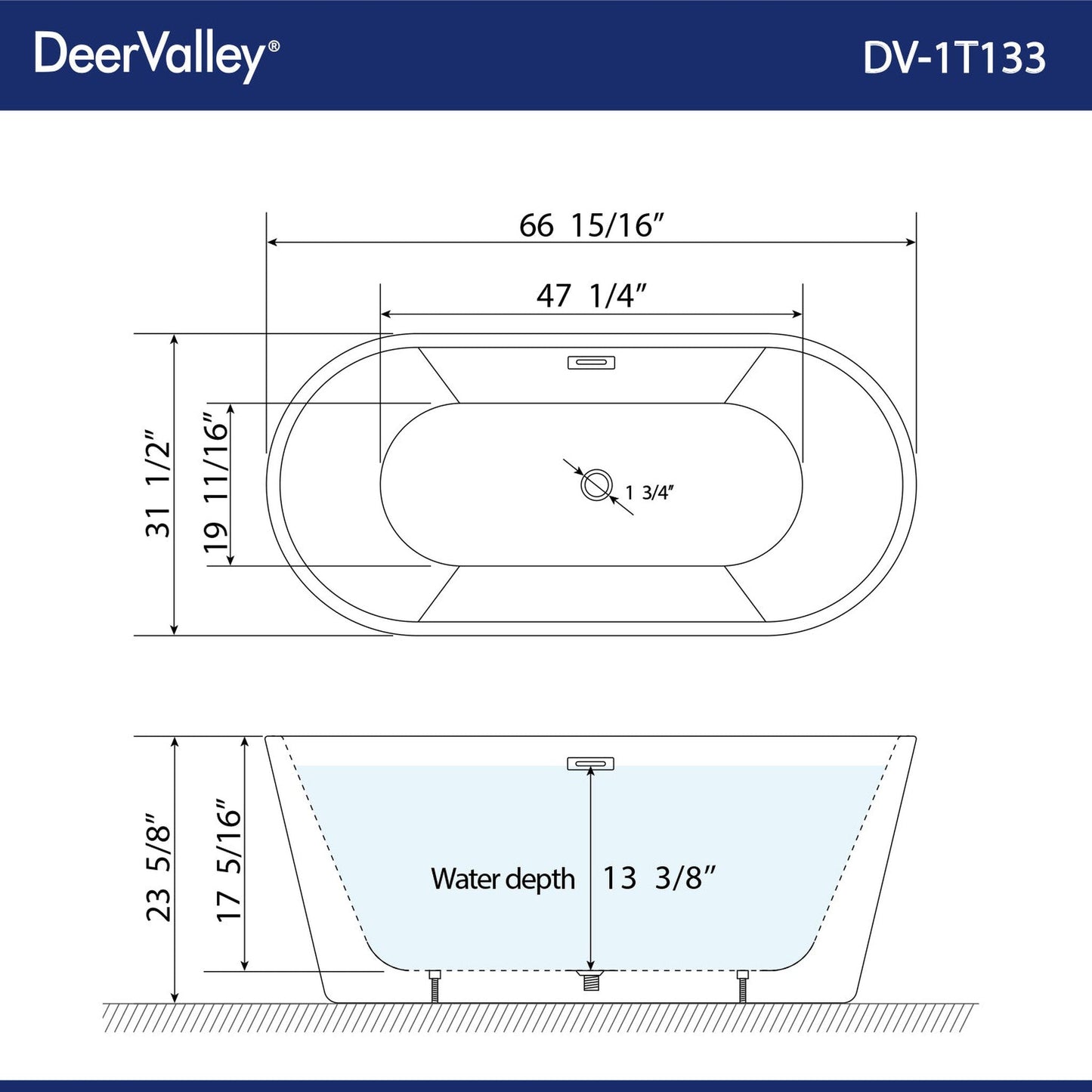 DeerValley Ally 67" x 32" Oval White Freestanding Acrylic Bathtub