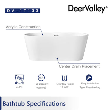 DeerValley Ally 67" x 32" Oval White Freestanding Acrylic Bathtub