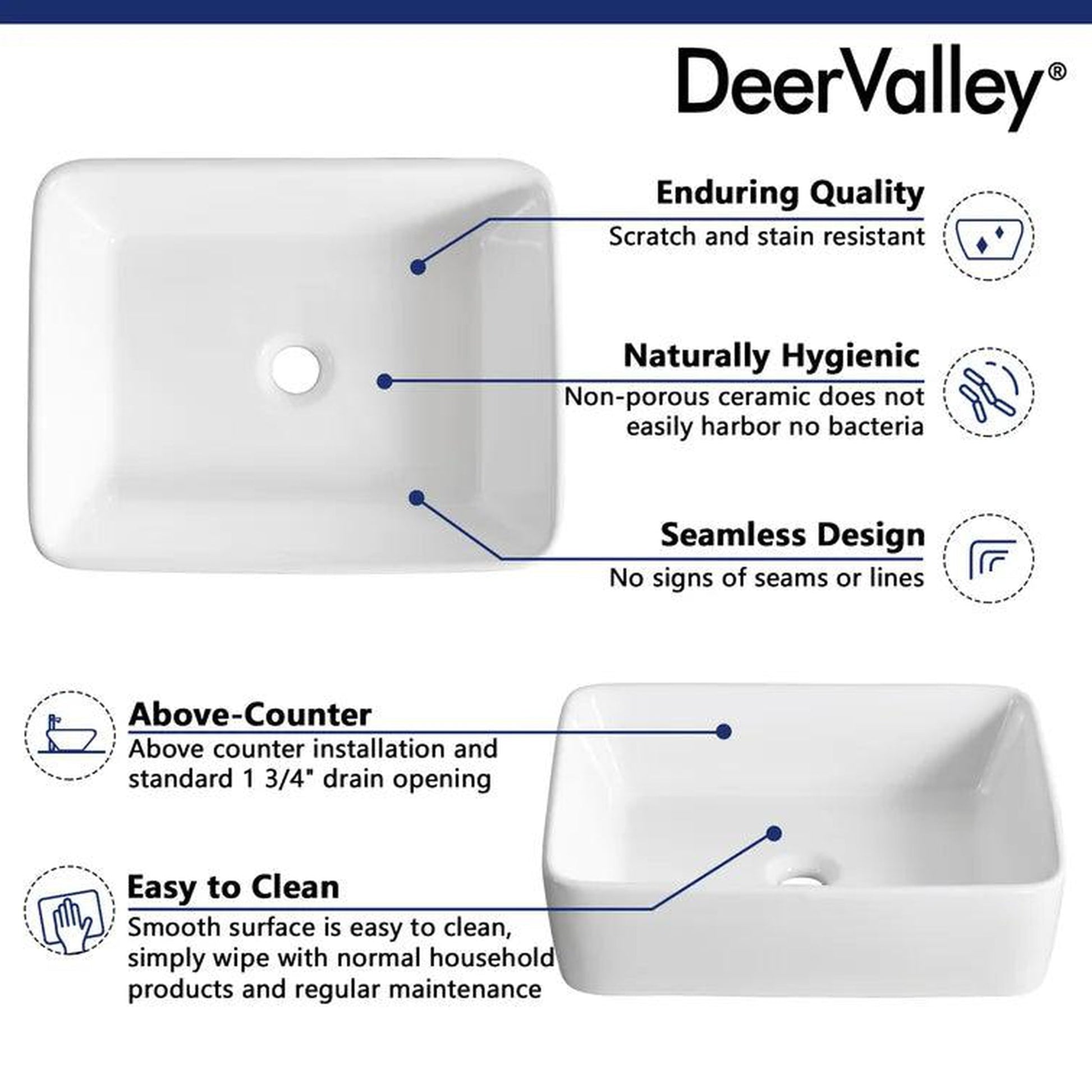 DeerValley Ally White Ceramic Sleek Rectangular Bathroom Vessel Sink