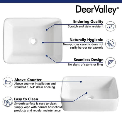 DeerValley Ally White Ceramic Sleek Rectangular Bathroom Vessel Sink