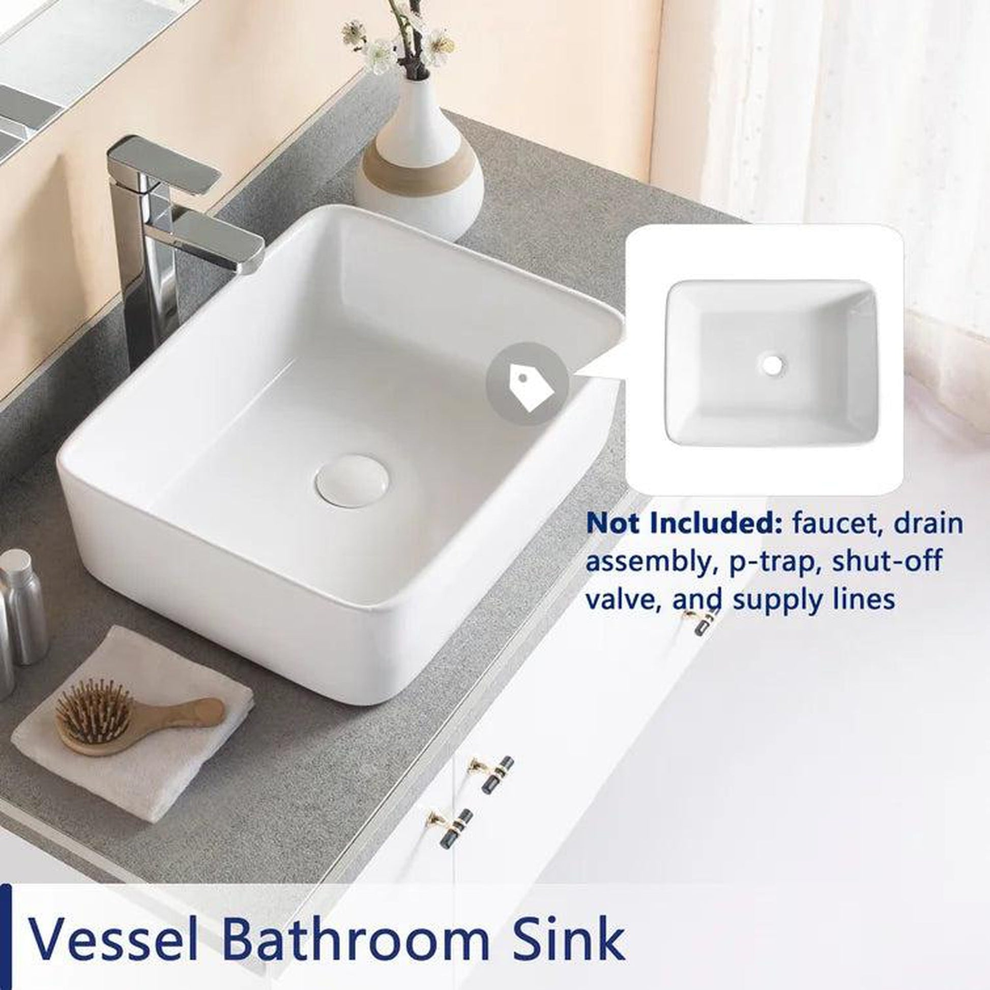 DeerValley Ally White Ceramic Sleek Rectangular Bathroom Vessel Sink